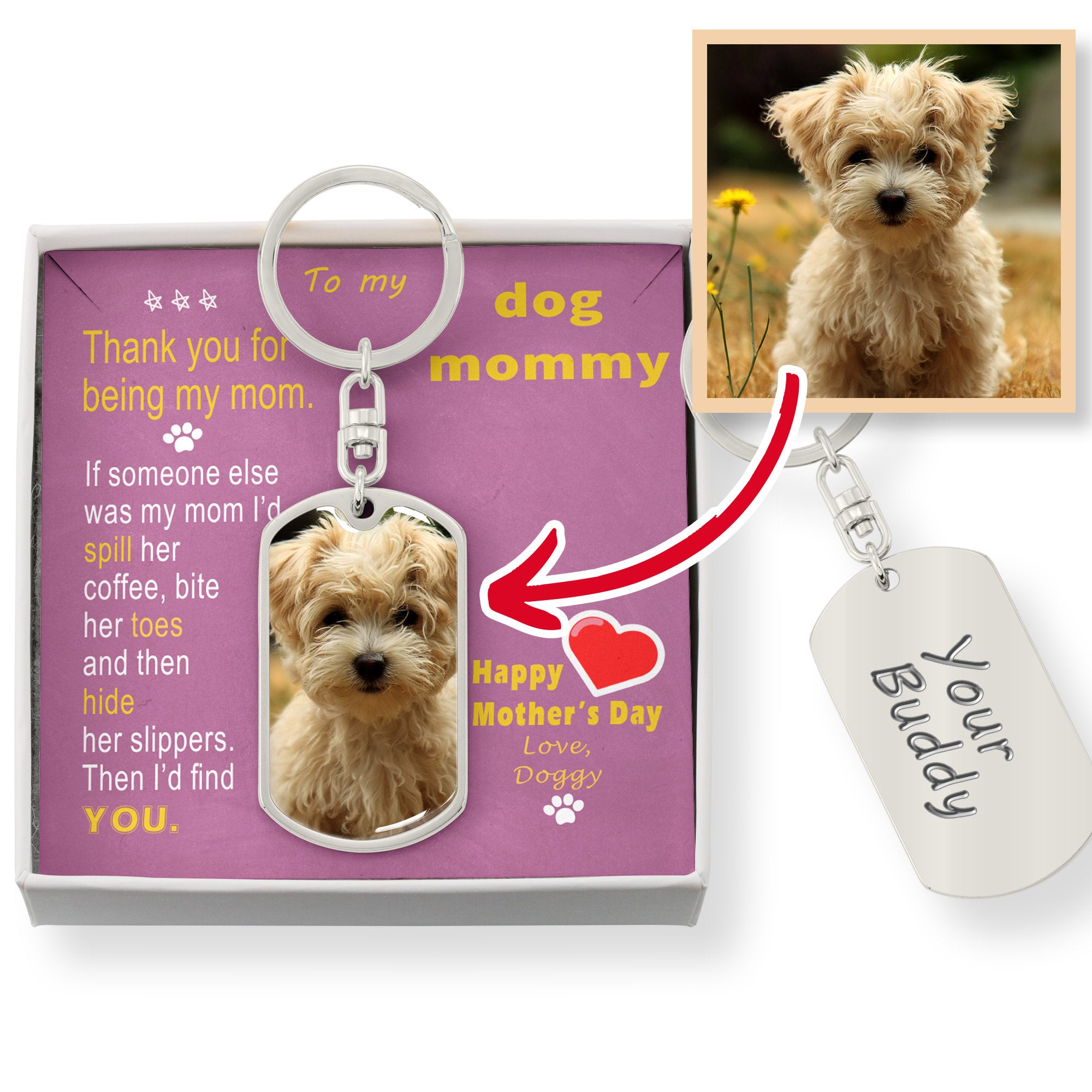 To Doggy Mom- Thank you - from Doggy - Custom Photo Dog Tag Keychain